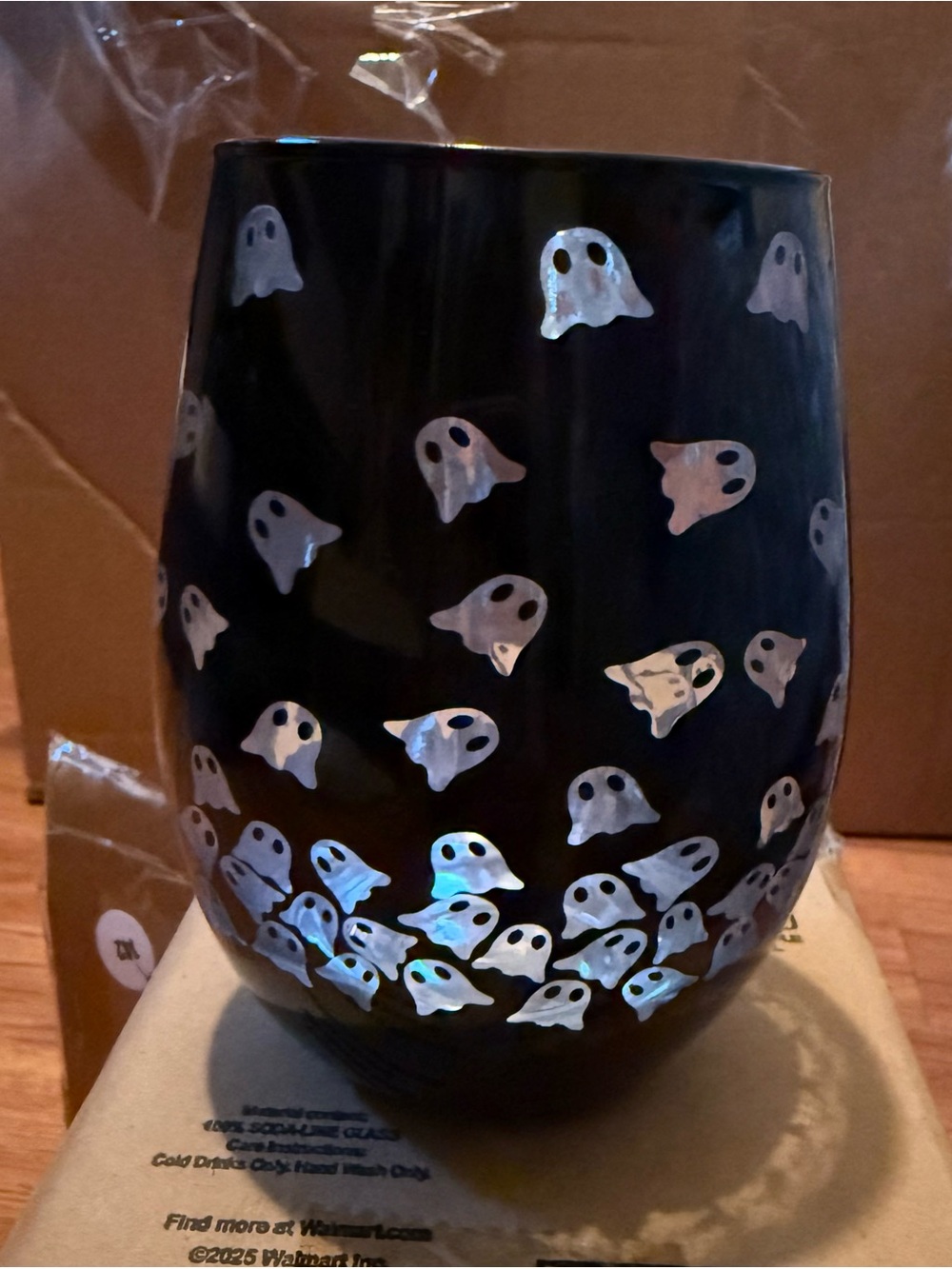 Black Ghost Pattern Stemless Wine Glass or Candleholder - Halloween